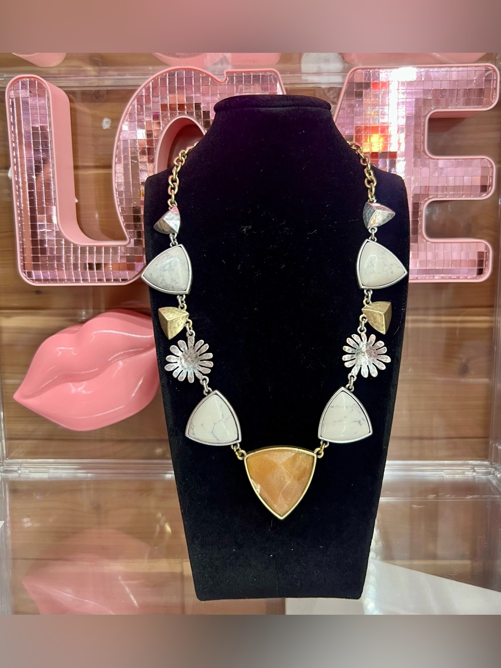 Lucky Brand Mixed Stone Triangle Necklace - Cream & Gold